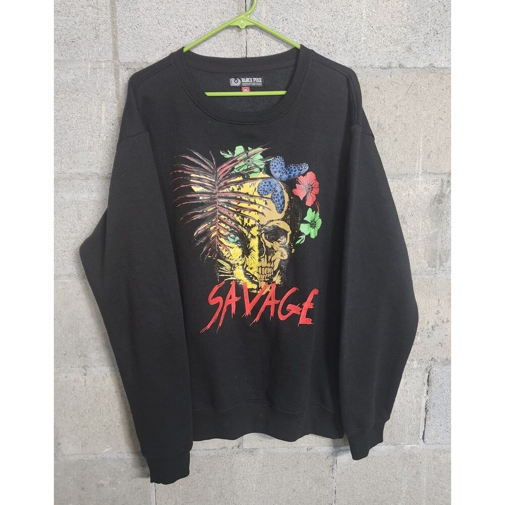 Black Pike Savage Graphic Print Crewneck Pullover Men' Sweatshirt Black Size 2XL